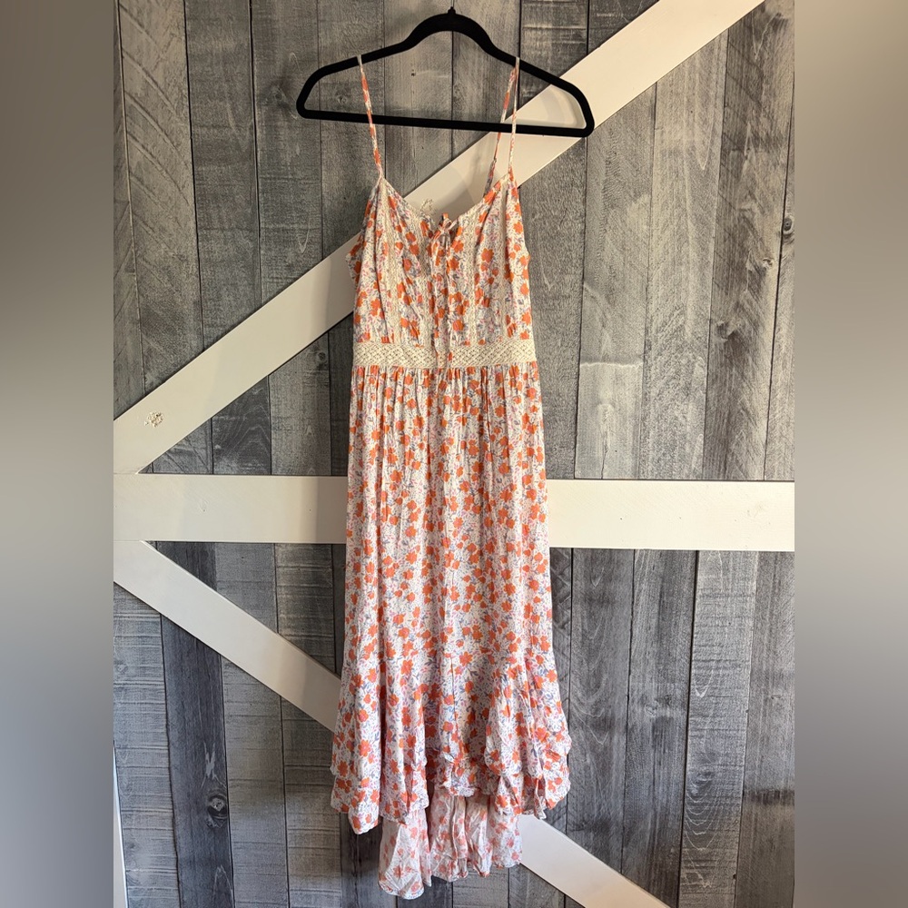 Women’s Japra Casual Whimsy Floral High Low Dress Peak-a-Boo Tie Neckline Size S